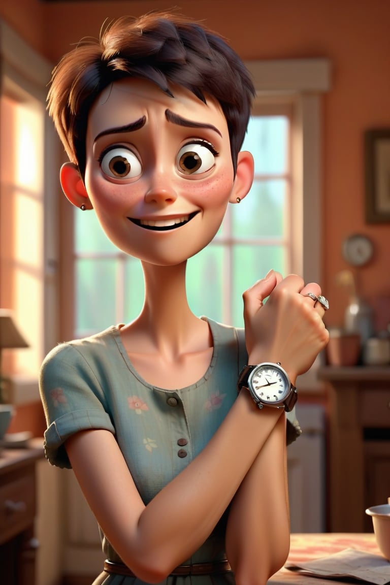 A very poor looking women with very very short hair holding a wrist watch for her husband in her hand,  expression she is very happy , in her poor house , husband giving her combe ,pixar style, 3d render.