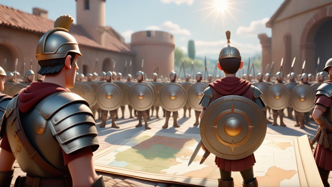 A scene showing Octavian with his army in the background, preparing for battle. He points towards a map showing the location of the upcoming conflict. The soldiers look ready and determined, with their swords and shields glinting in the sunlight , 3d render, pixar style