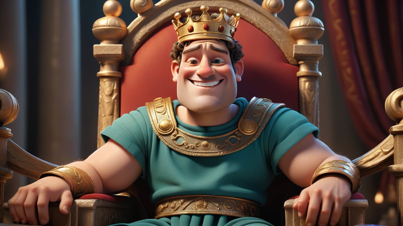  a whimsical 3D render of a **handsome ancient Roman king**, regally seated upon a **lavish throne**. His expression, a delightful blend of smiling. **Pixar-style magic** infuses life into this moment, as if we've stumbled upon a hidden chapter of history. Behold, the king who defies time! 🎨👑🏛️