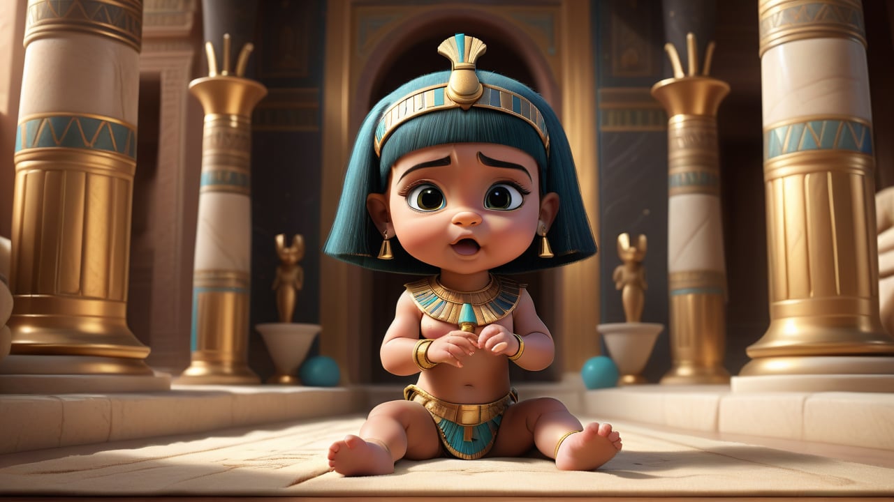 Baby Cleopatra playing in her egyption lavish palace , 3d render, pixar style