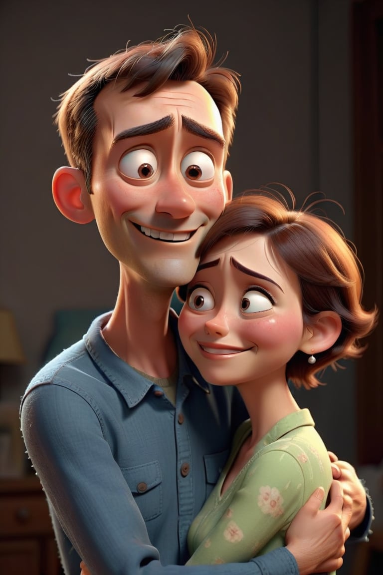 A poor husband , huging his wife(she has very very short hairs) ,expression he is smiling, eyes fill with tears, Pixar style , 3d render.