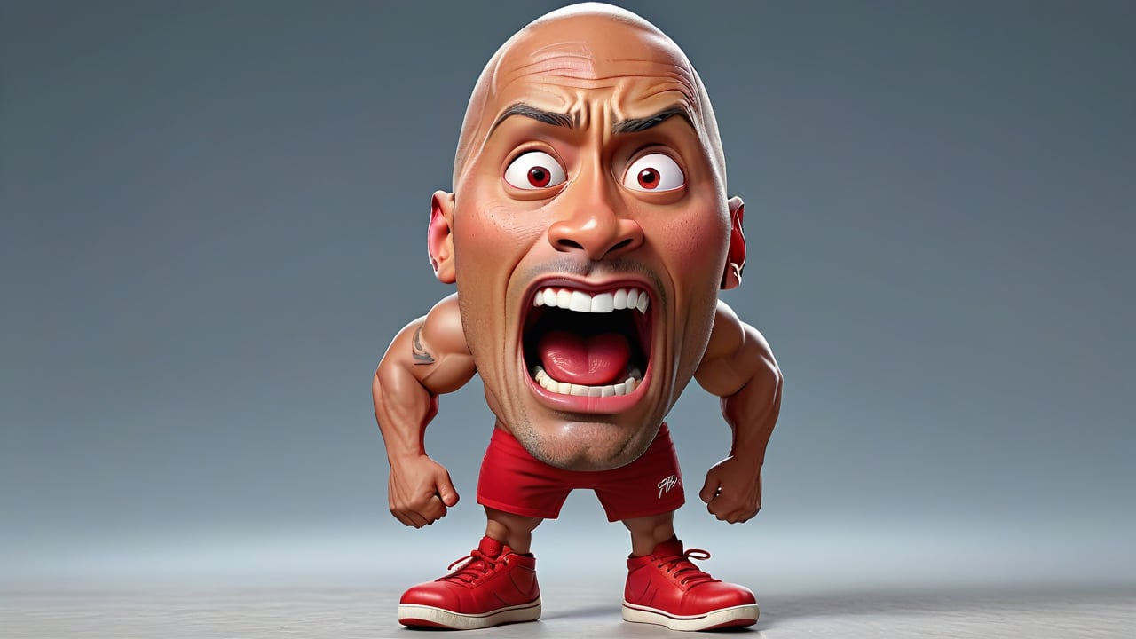 Dwayne johnson is runny with his big head and big face and tiny legs wearing red shoesis a very funny way with big head and face and tiny body intence scared expression , 32k , hd, fhd, 3d render, highly reaulustion.,3d pixarstyle