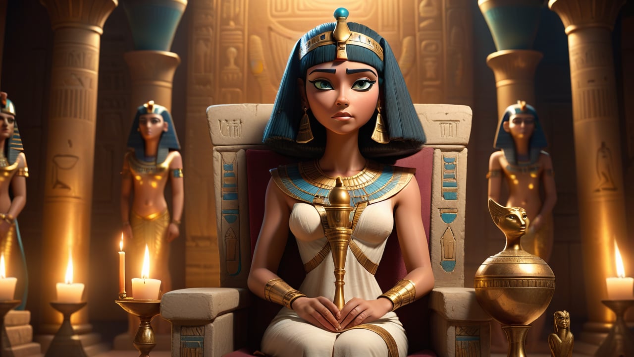 Inside Cleopatra’s luxurious palace, a solemn and reflective Cleopatra sits alone on a throne, holding a golden goblet. The room is dimly lit by oil lamps, casting a melancholic glow. In the background, Egyptian hieroglyphs and statues of gods hint at her legacy and the weight of her decision, 3d render, pixar style