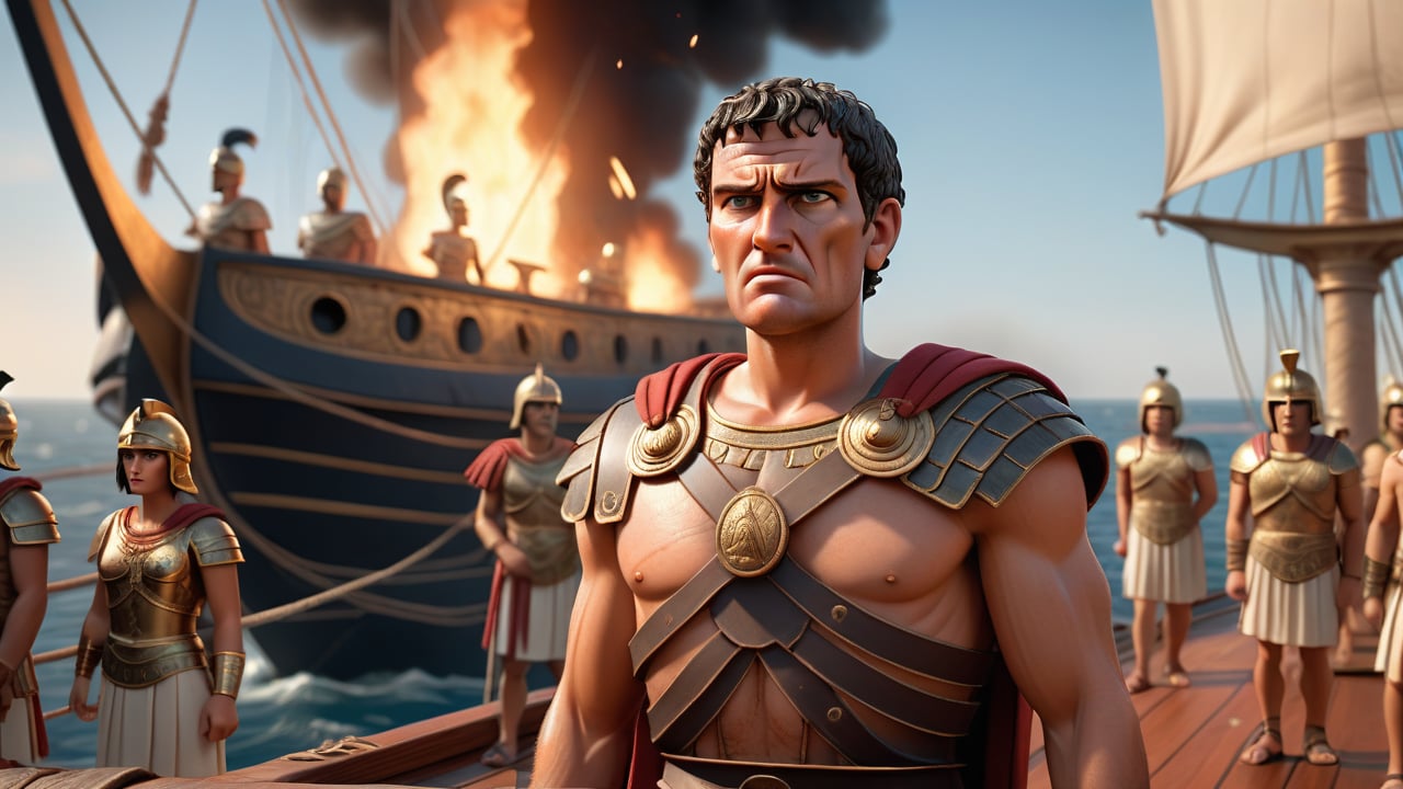  Mark Antony, in full battle gear, stands on the deck of a Roman ship, looking determined but worried. The background shows the intense fighting, with soldiers in combat and ships on fire. Cleopatra’s figure can be seen in the distance, looking towards the horizon, as if planning her next move, 3d render, pixar style