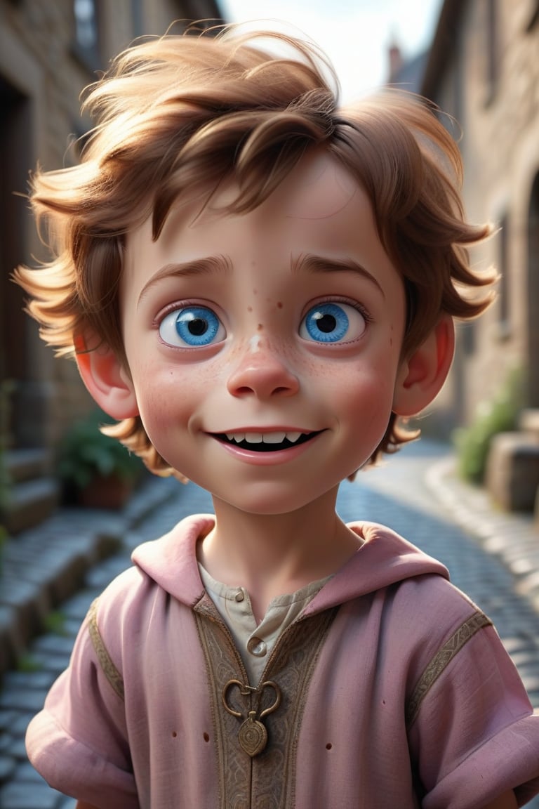Create a highly detailed, 3D animated portrait of a young boy with strikingly expressive blue eyes, a wide smile, and a look of innocent wonder. The child should have freckles and tousled brown hair, with the lighting highlighting the texture of the skin and hair. Position the child on a cobblestone street, with the background subtly blurred to keep the focus on the child's face. The setting should suggest a historical or medieval context, with the child wearing pri cess pink dress. The overall tone of the image should evoke a sense of curiosity and adventure, capturing the child's awe and excitement at exploring their surroundings, he is wearing princes cloths now.