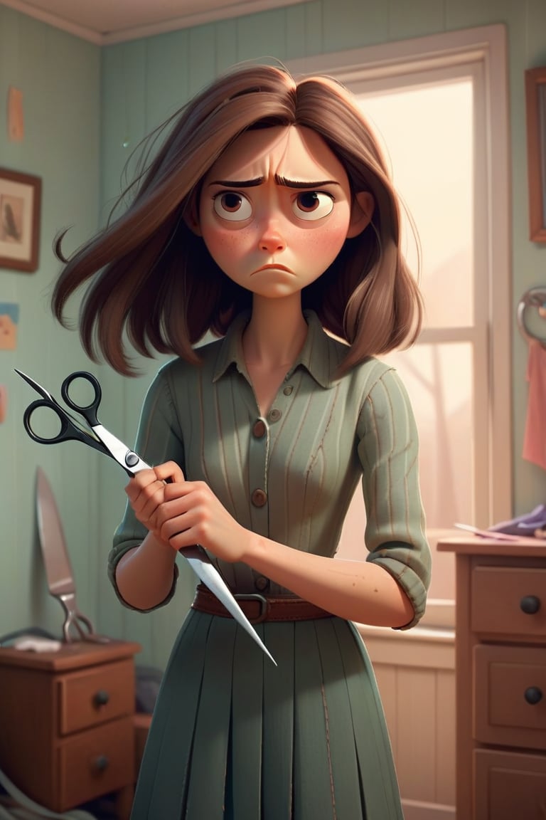 Depict the wife cutting off her long hair herself in a simple room. She looks a bit sad but determined, holding a pair of scissors.
Style: Pixar-style, soft and muted colors to reflect her sacrifice and determination.