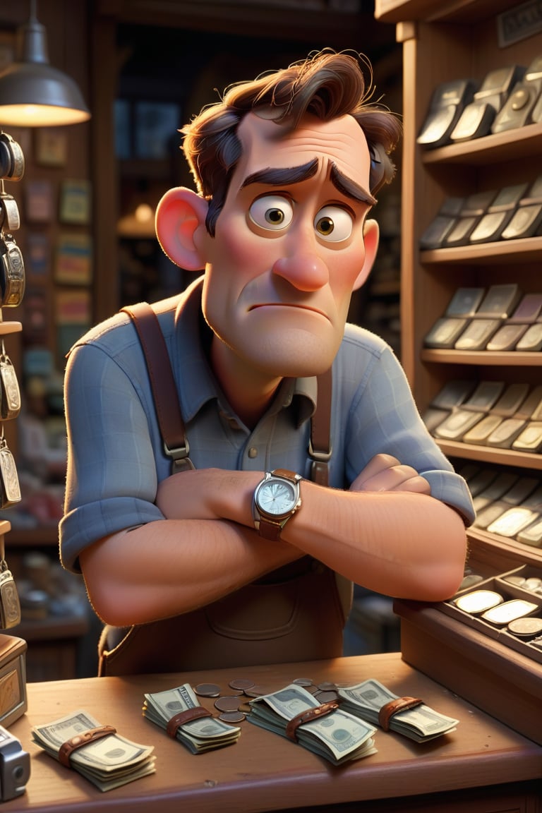 Illustrate the husband at a small, modest shop, selling his broken watch. The shopkeeper hands him a small amount of money. The husband looks determined and hopeful.
Style: Pixar-style, with a focus on the humble setting and the husband’s determined expression. Highly detailed