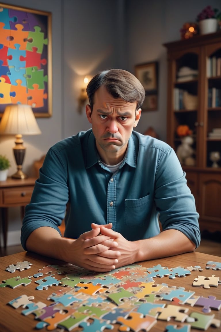  A man struggling to solve a puzzle but refusing to give up.
Details: The person is surrounded by puzzle pieces, looking determined and thoughtful. The background shows a comfortable room with a table and decorations.