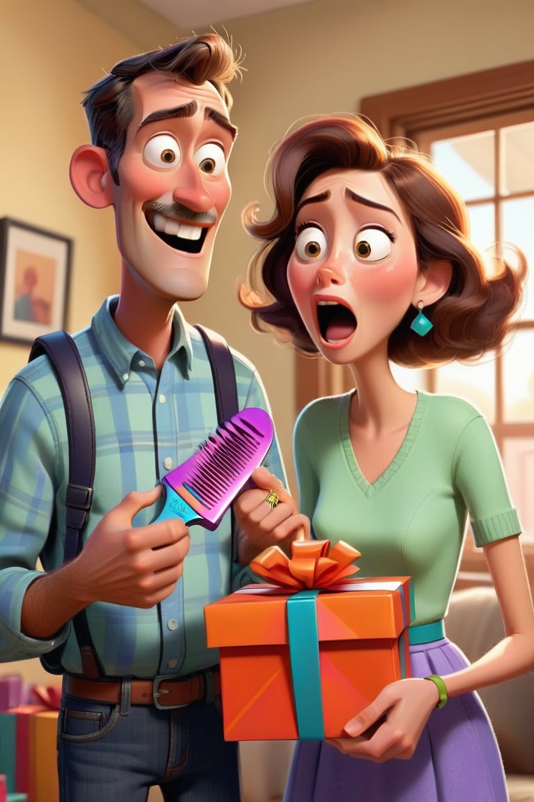 Illustrate the husband returning home and giving the wife a new comb while she gives him a new watch strap. They are both holding their gifts and looking surprised.
Style: Pixar-style, bright and warm colors to emphasize the surprise and joy on their faces.