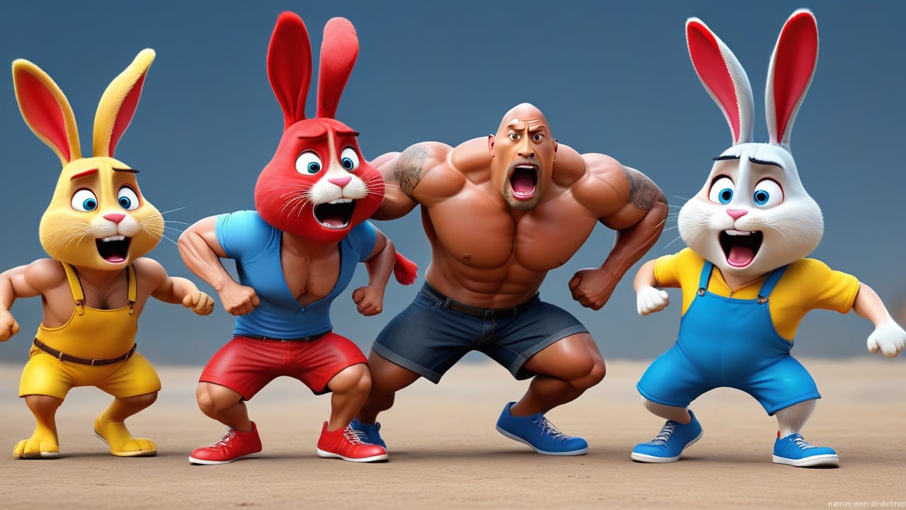 3(red bunny, blue bunny, yellow bunny) big bunnies attacking Dwayne Johnson in very funny way , Dwayne johnson is runny with his big head and big face and tiny legs wearing red shoesis a very funny way with big head and face and tiny body intence scared expression , 32k , hd, fhd, 3d render, highly reaulustion.,3d pixarstyle