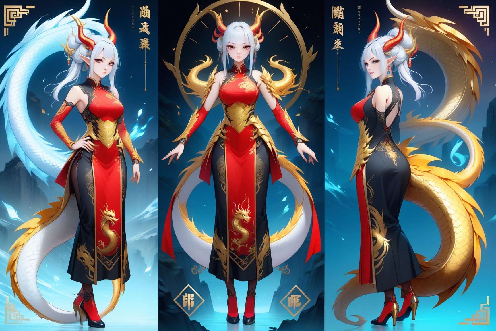 3-view character design of 1 girl, masterful, long intricate horns inspired by dragon year, dragon-themed attire with glass elements, looking at viewer, Chinese girl with goth style, sfw, complex background, rock_2_img, bg_imgs, golden color, incorporating game character design elements, emphasizing Chinese dragon themes, front, side, and back views, detailed and intricate design, by FuturEvoLab, (masterpiece: 2), best quality, ultra highres, original, extremely detailed, perfect lighting