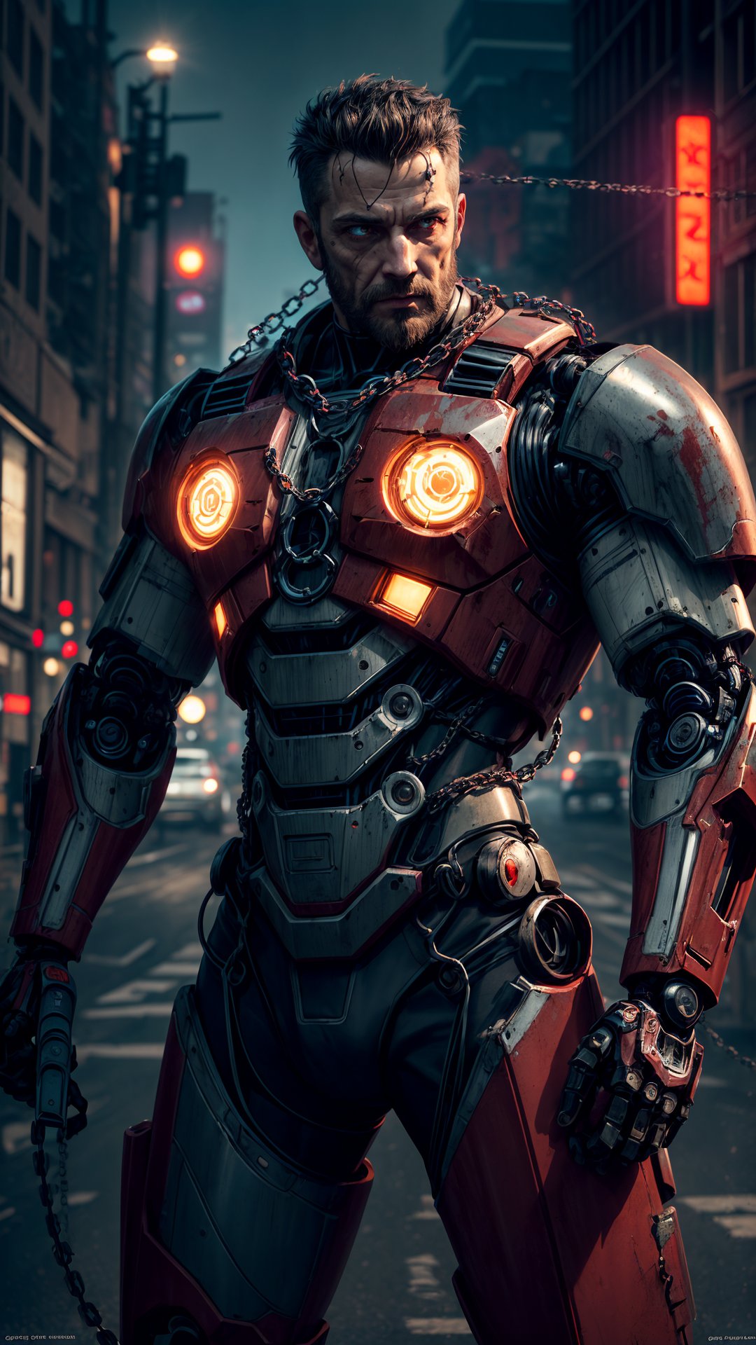 Dark_Fantasy,Cyberpunk,(chain saw,chain saw man,Red:1.1),1man,Mechanical marvel,Robotic presence,Cybernetic guardian, wearing a worn-out mech suit, intricate, (steel metal [rusty]), elegant, clear focus, shot by greg rutkowski, soft lighting, vibrant colors, masterpiece, ((street)), cowboy shot, dynamic pose,