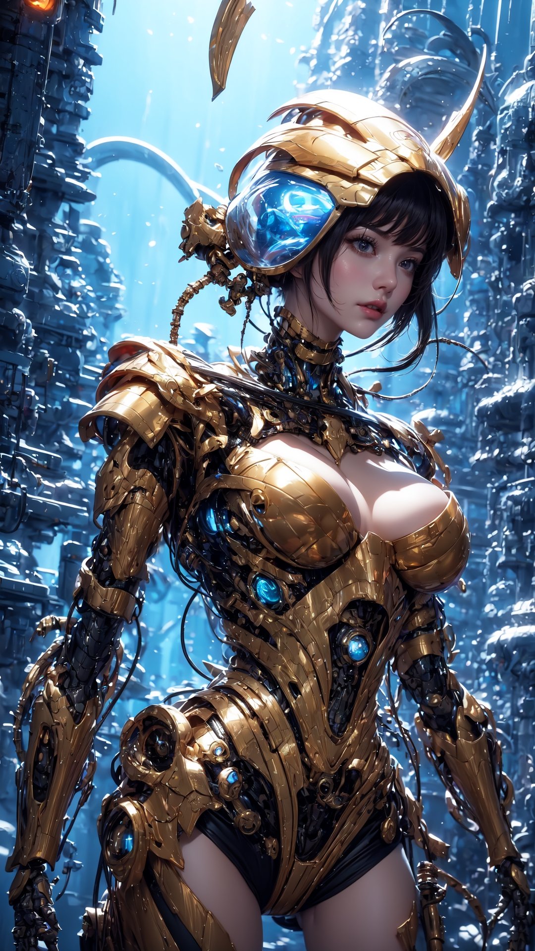 a girl, thunder yellow jacket, tight suit,Space helm of the 1960s,and the anime series ace, Fantastic Surrealism, Post-apocalyptic, Cute Illustration, Bio-Robotic Art, Fantasy Digital Painting, Fantasy Landscapes, Dragon with a futurastic underwater helm Fantasy, Art, Surrealism, Geomorphologie-Kunst, Fluid Art, Underwater Photography, Biomechanical Sculpture, Kemono, Beautiful Girl Turned to the Camera, White Background, 3D Vector Art, Greg Rutkowski,  Detailedface, Detailedeyes, 1 girl,CyberMechaGirl,Cyberpunk,Japanese girl,Mecha,robotic hands