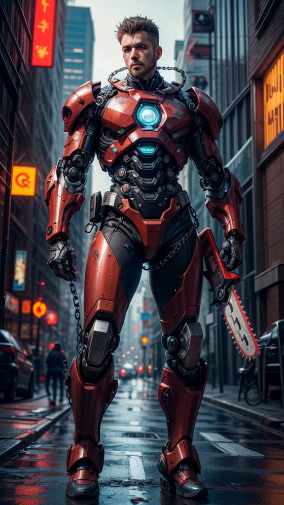 Dark_Fantasy,Cyberpunk,(chain saw,chain saw man,Red:1.1),1man,Mechanical marvel,Robotic presence,Cybernetic guardian, wearing a worn-out mech suit, intricate, (steel metal [rusty]), elegant, clear focus, shot by greg rutkowski, soft lighting, vibrant colors, masterpiece, ((street)), cowboy shot, dynamic pose,