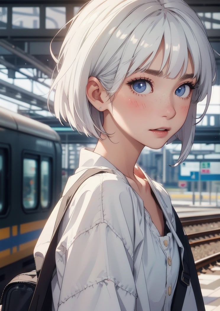 2 sisters at a european train station, casual street clothes, trolley suitecases, backpackers, backpacking in europe, travellers,

close up portrait, blurry background, depth of field,

(Style Midjourney), (Best illustrative quality 8k), (better details), 

(beautiful expressive eyes), (white skin like paper), dark hair, white hair, short hair and long hair,

eyes_details, face_details, backgroung_details, midjourney, hands_detailed,

they are blushing, shy, skinny, slim body, flat chest