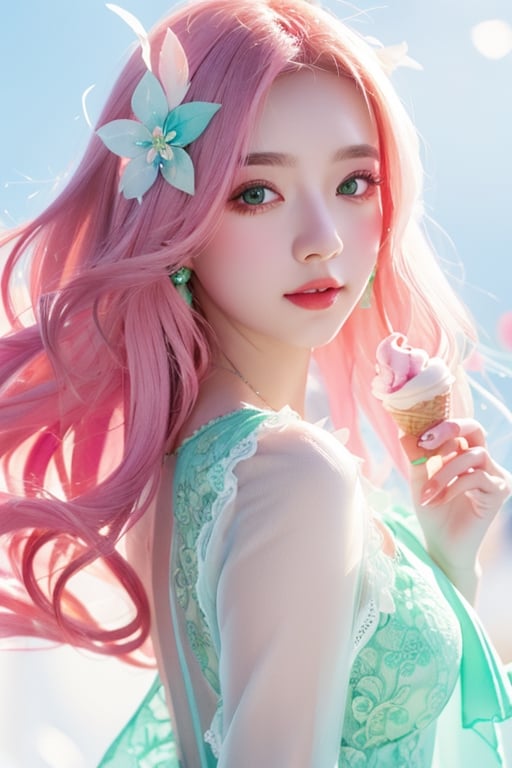 (1cute girl),  wearing eyeglasess,  holding ice cream,  long aqua curly hair,  green eyes,  wearing a beautiful pink lace dress. White skin,  splat art background,  eye_detail,  background_detail,  face_detail,  hair_detail,  more_detail,  add_detail,  adddetailed,  cute_face,  white_skin,  midjourney_style,  midjourney_art,  full_body,  colorful_detail,  watercolor_(artwork),  light_particles., 1girl, , , , , 