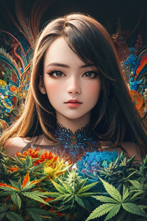 (masterpiece, top quality, best quality, official art, beautiful and aesthetic:1.2), (1girl), extreme detailed,(fractal art:1.3),colorful,highest detailed, 8k, realistic, innocent_face, marijuana, cannabis, ganja, hemp, weed, hd_quality