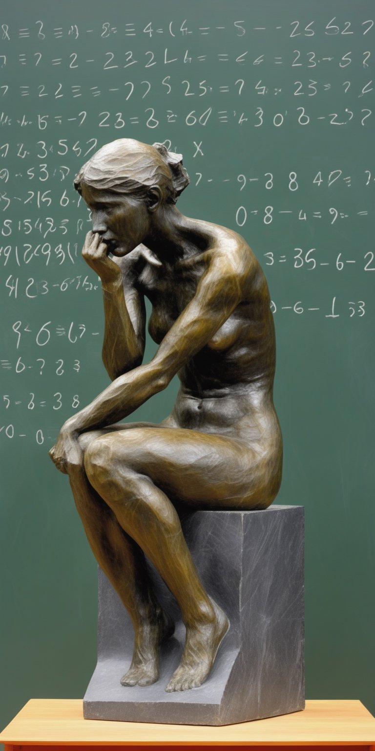 Le penseur de Rodin but a woman, sculpture, in front of a difficult math problem on a blackboard