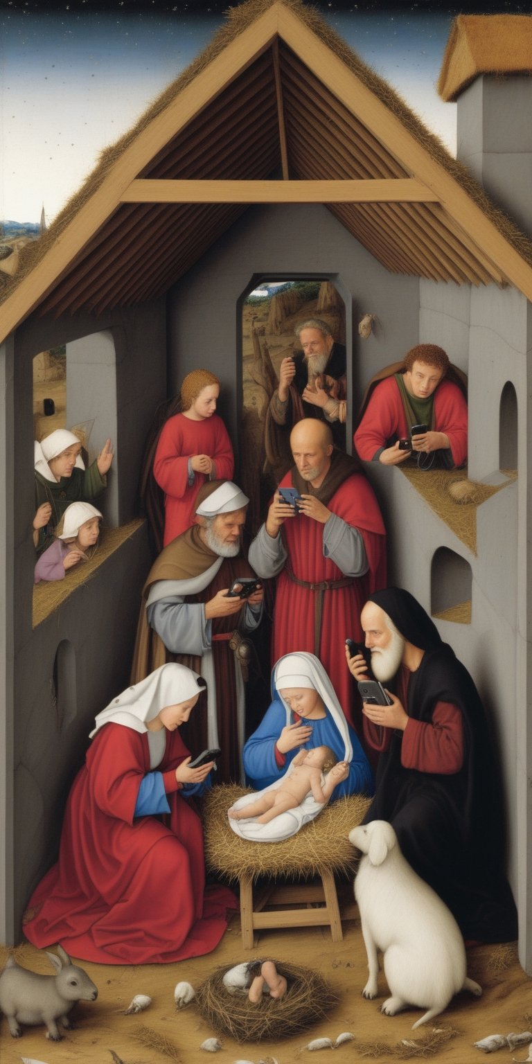 Robert Campin Nativity scene with cellphones, and Santa Claus
