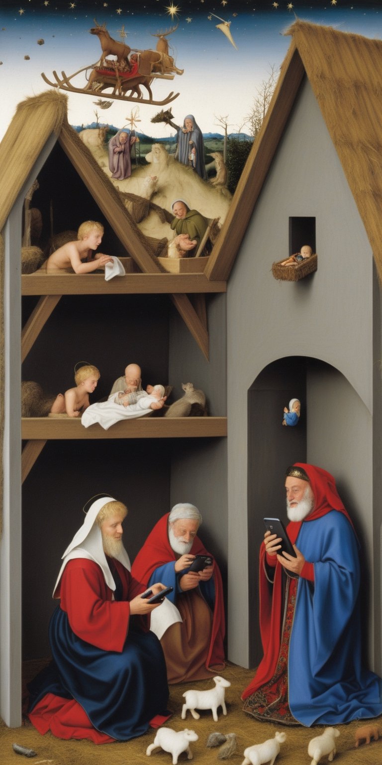 Robert Campin Nativity scene with cellphones, and Santa Claus flying sleigh, general hilarity