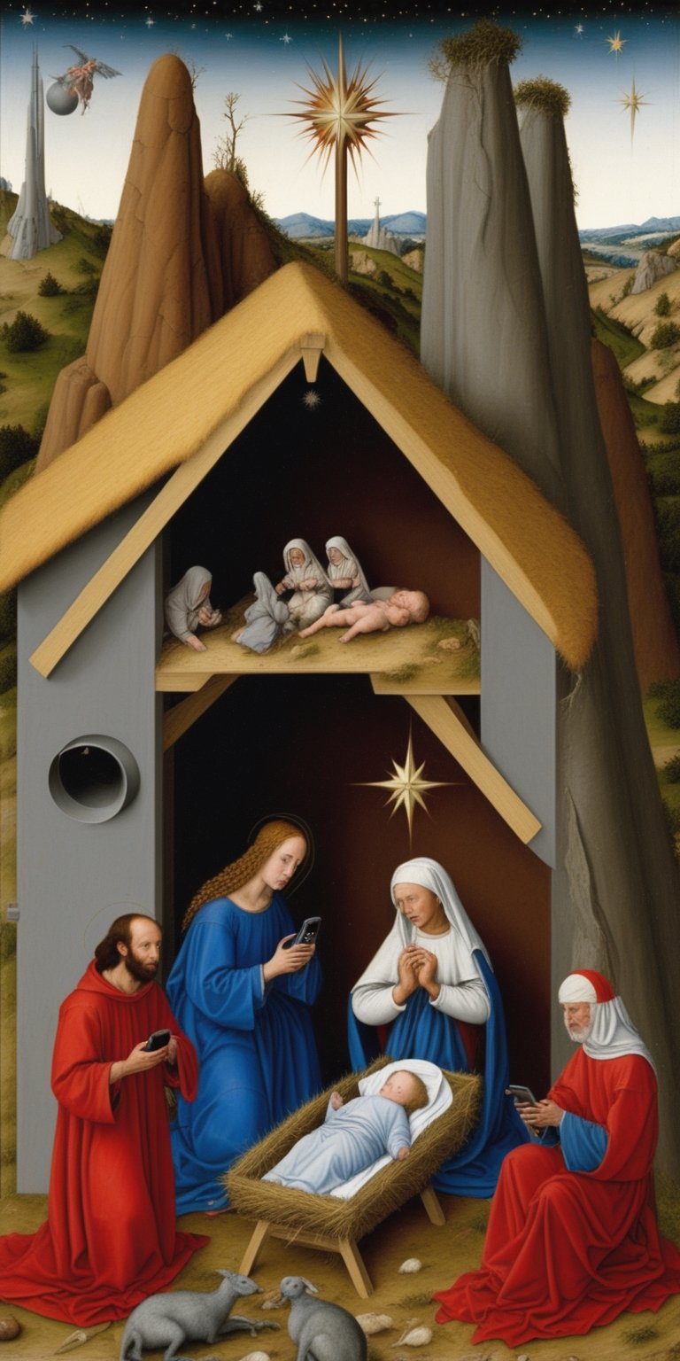 Robert Campin Nativity scene with cellphones, extraterrestrial and Waldo