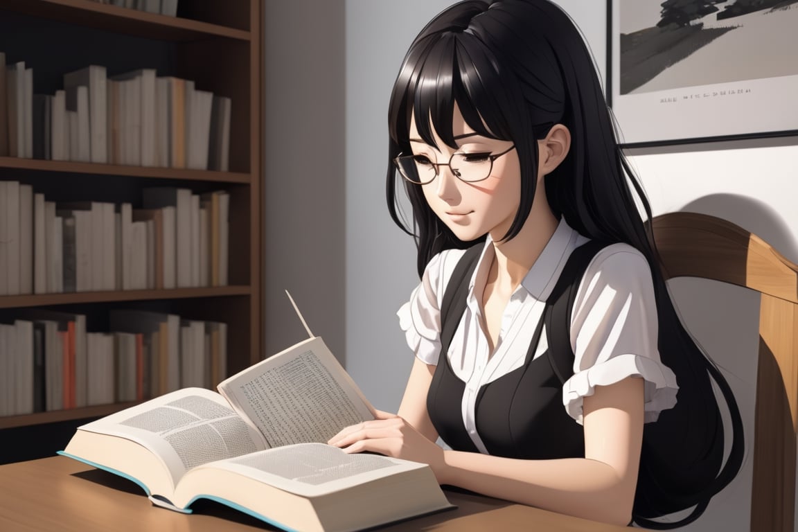 An anime woman reading a book. realistic style