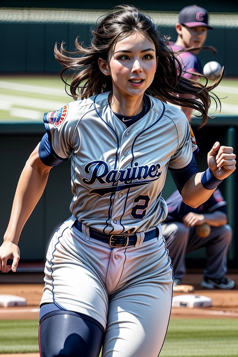 A Woman with a Baseball uniform running to the home base.

