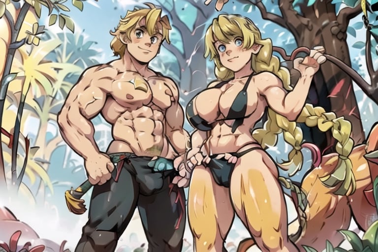 The Muscled Blonde Man meets a savage (beautiful Woman) at the forest. Standing pose.