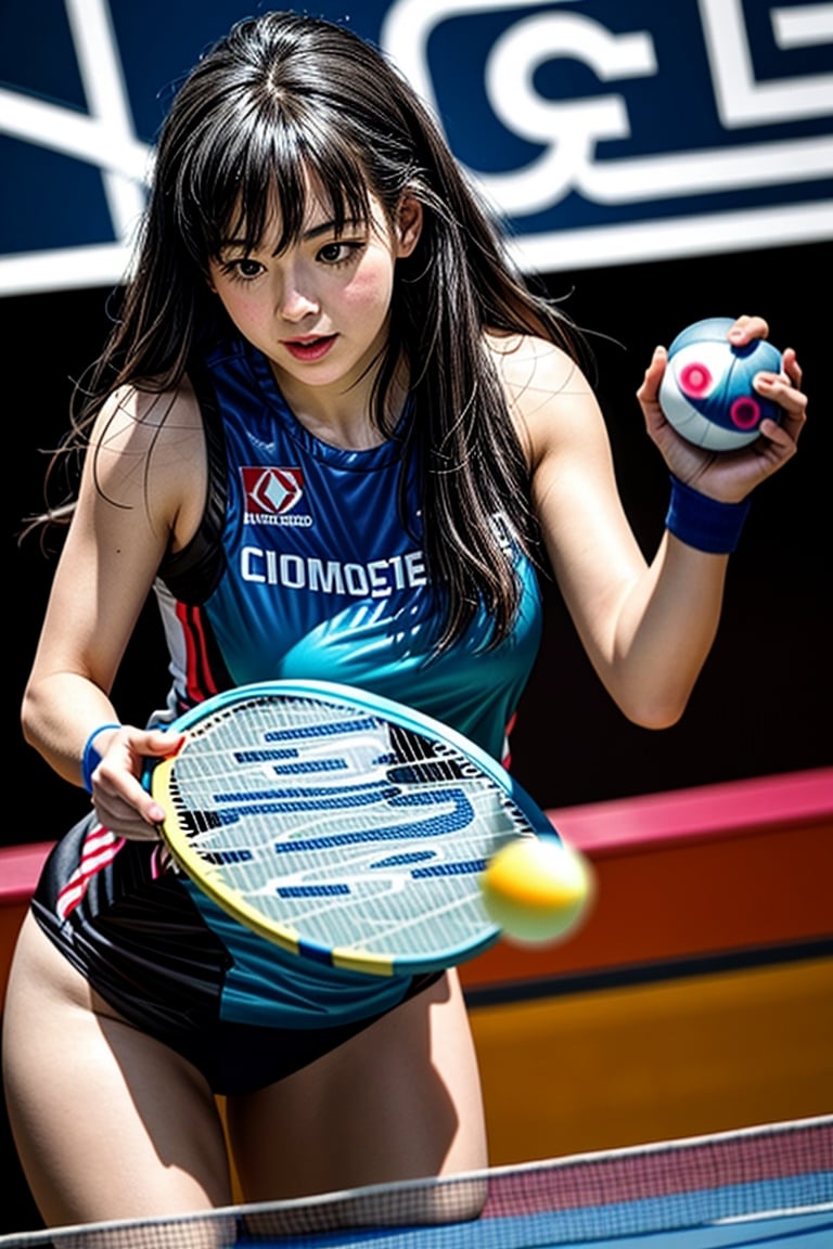 A Woman playing ping pong on a competition.
