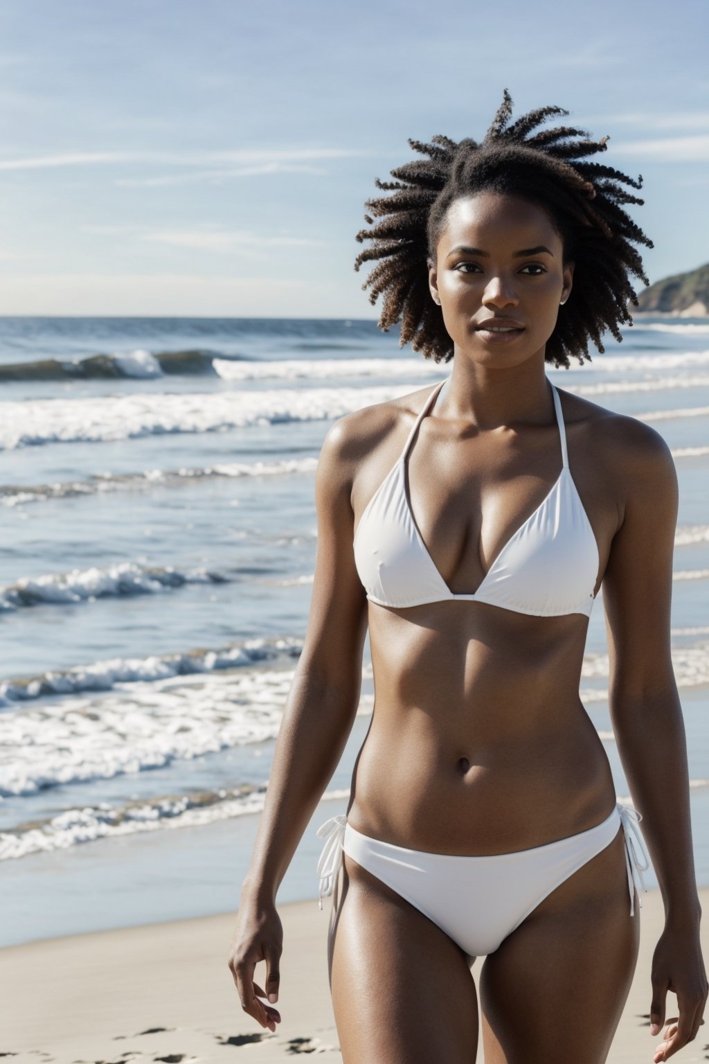 A black woman is standing at the beach wearing a white  bikini. 8k. realistic. hdr.