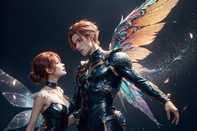 An Athletic and handsome male is with A fairy red hair sexy and voluptuous woman with wings. Male Talking to a woman posing