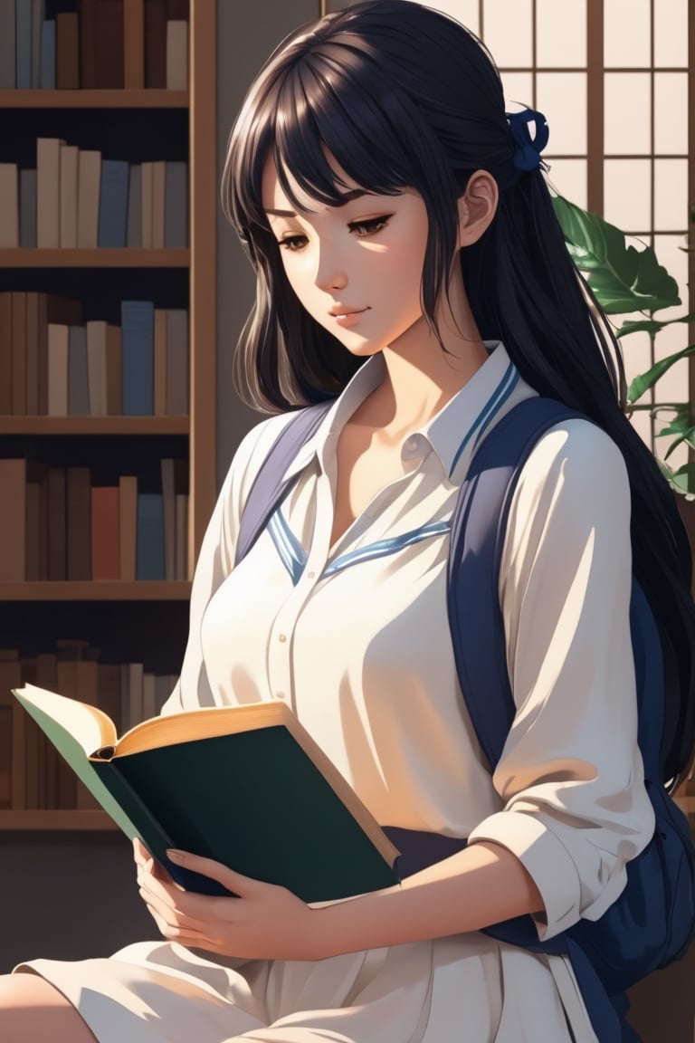 An anime woman reading a book. realistic style