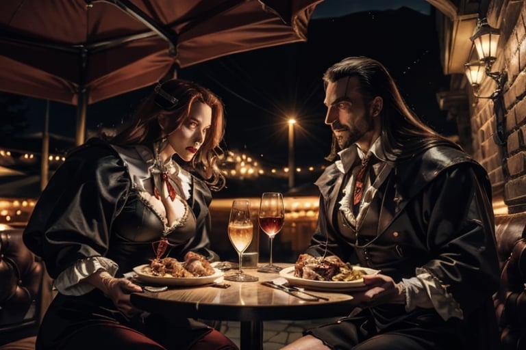 Lord Dracula and his Lady Dracula are enjoying a dinner on a restaurant at night. ,4rmorbre4k