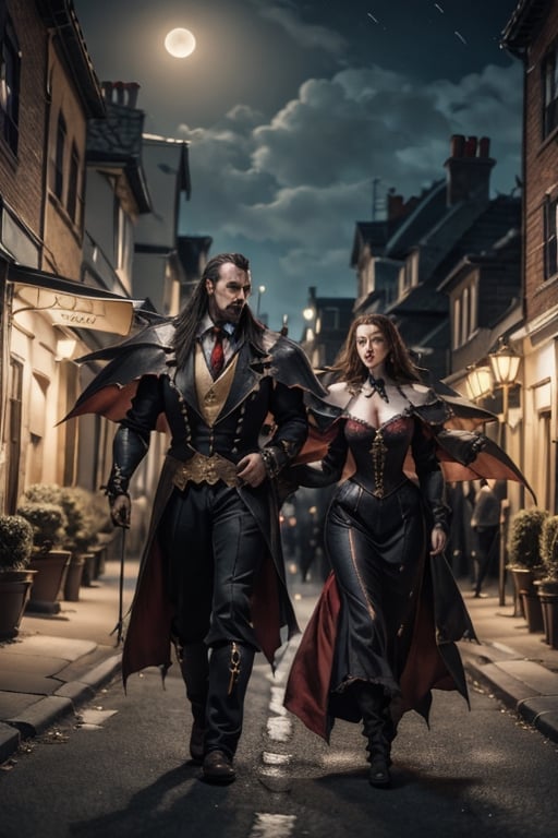 Lord Dracula and his Lady Dracula are walking on the streets at night. Portrait mode. ,4rmorbre4k