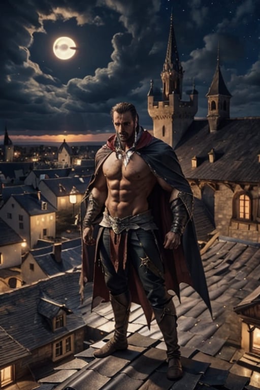 Lord Dracula standing at the roof of his castle at night. Shirtless. ,4rmorbre4k