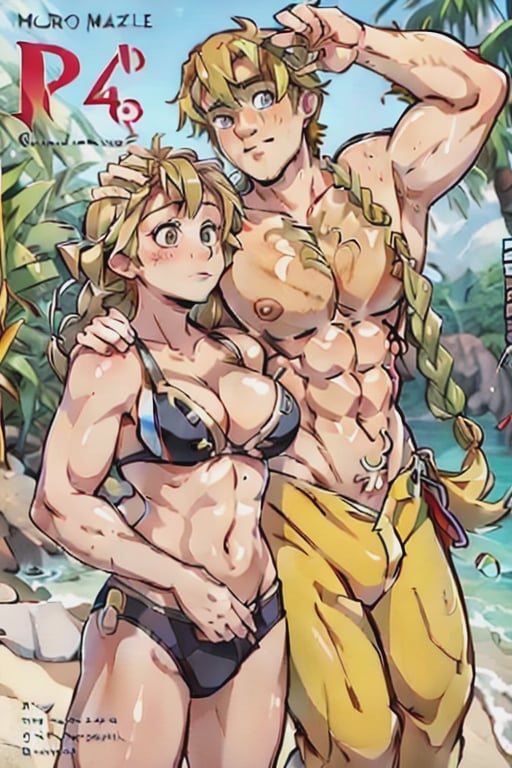 The Muscled Blonde Man and his savage (beautiful Woman) are posing at the beach for a magazine cover. Couple in bikini pose.