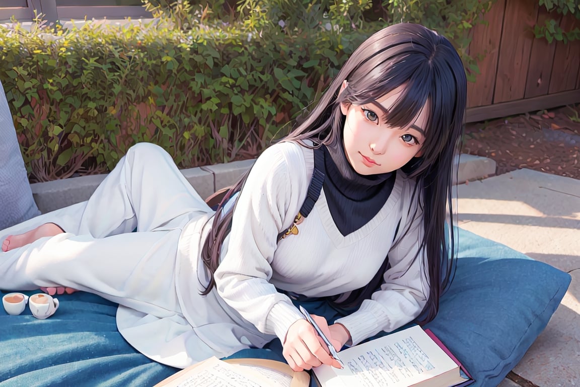 An anime woman reading a book. realistic style