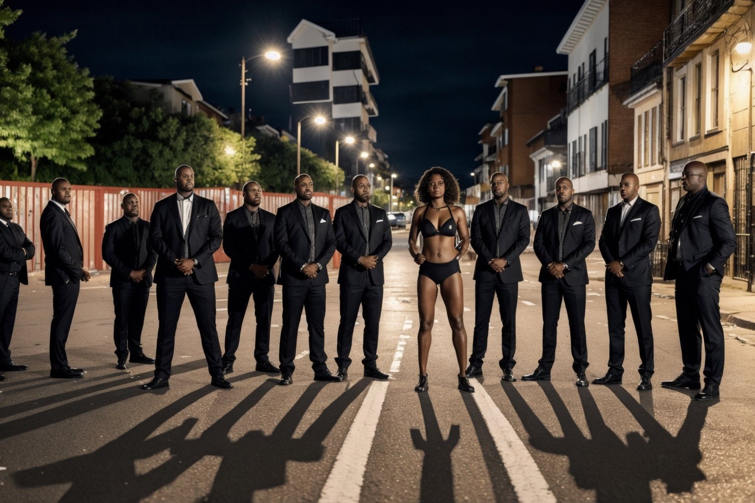 A black woman is standing in front a group of gang men around her at the dangerous street at night wearing a sexy tiny bikini. full body center shot. 8k. realistic. hdr.,Sexy