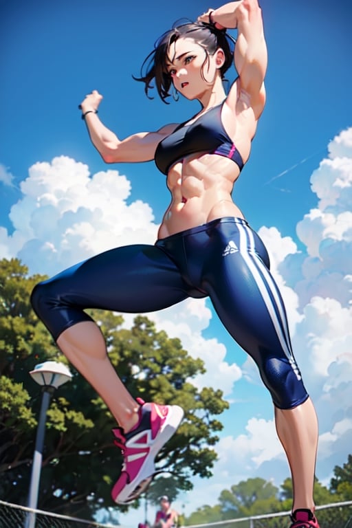 An Athletic attractive hot Fitness Woman performing  jumping jack at the park.,Sexy Muscular