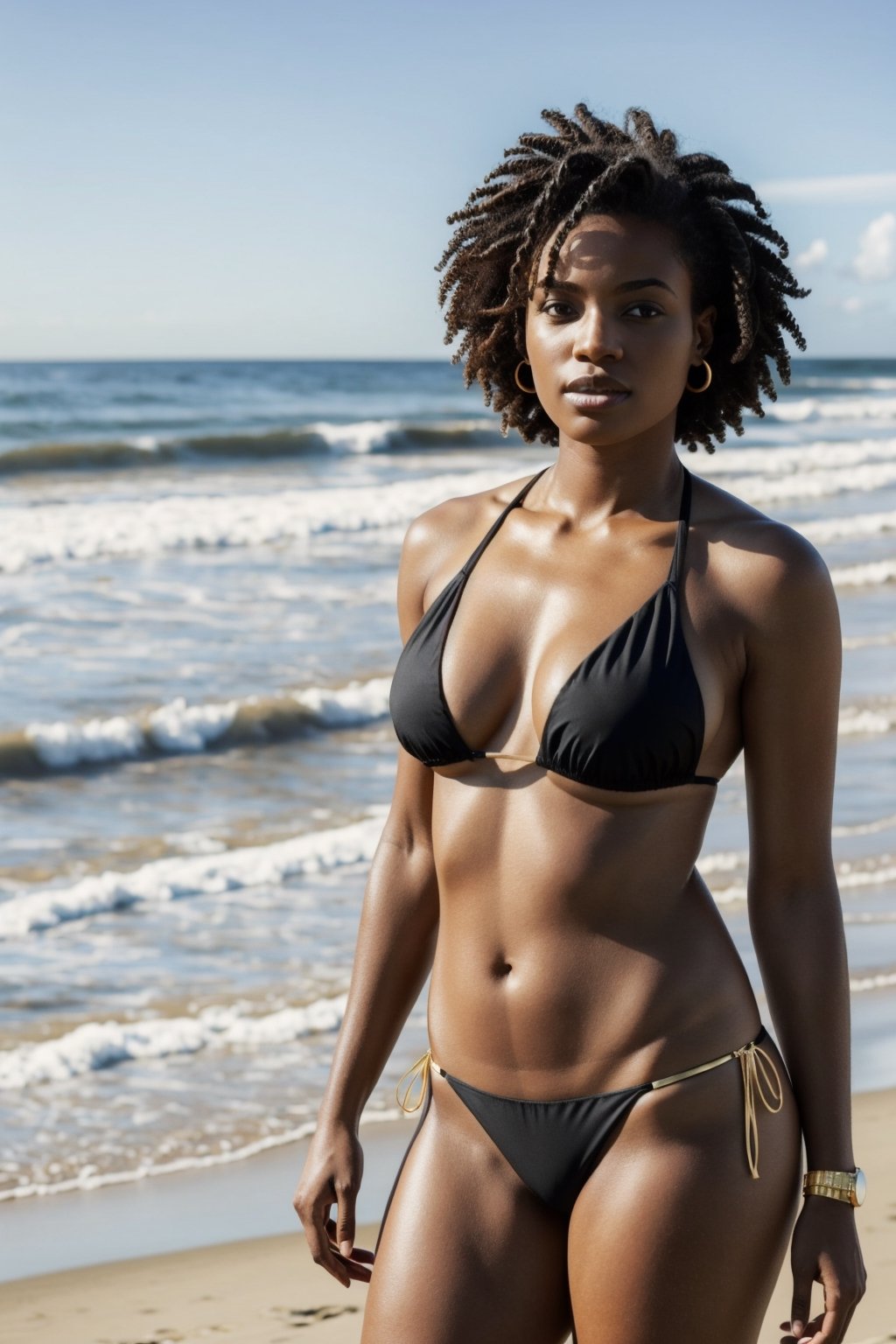 A black woman is standing at the beach wearing a gold color bikini. 8k. realistic. hdr.