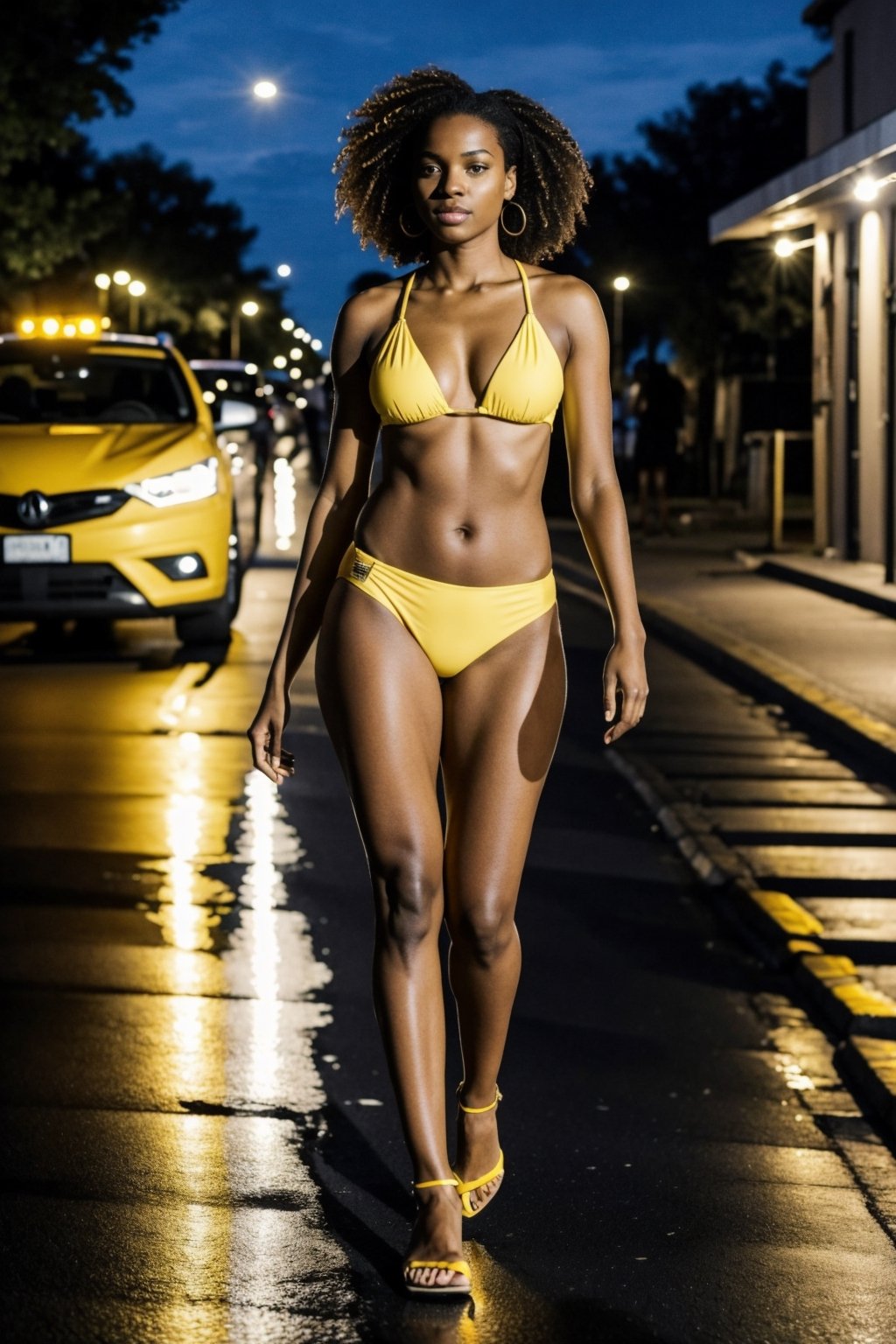 A black woman is walking at the street at night wearing a sexy tiny yellow bikini. Look at you. full body center shot. 8k. realistic. hdr.