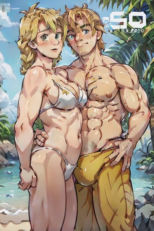 The Muscled Blonde Man (with a speedo) and his savage (beautiful Woman) are posing at the beach for a magazine cover. Couple in bikini pose.