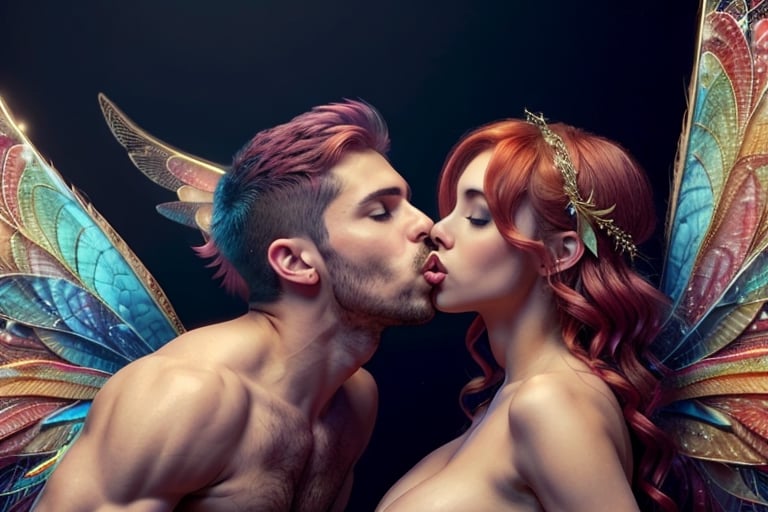 An Athletic and handsome male is with A fairy red hair sexy and voluptuous woman with wings. Male kissing to a woman posing,