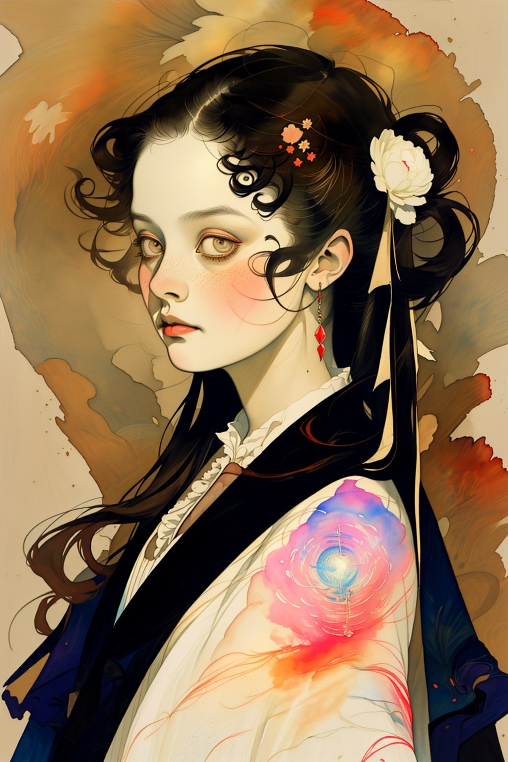 Master piece, high quality, ink and watercolor portrait of a beautiful lady, dressed in Victorian- style attire, art by Gabriel Pacheco, Douglas Smith , Bill Sienkiewicz, and Jean Giraud Moebius, natural color, sharp focus, ethereal and filled with wonder