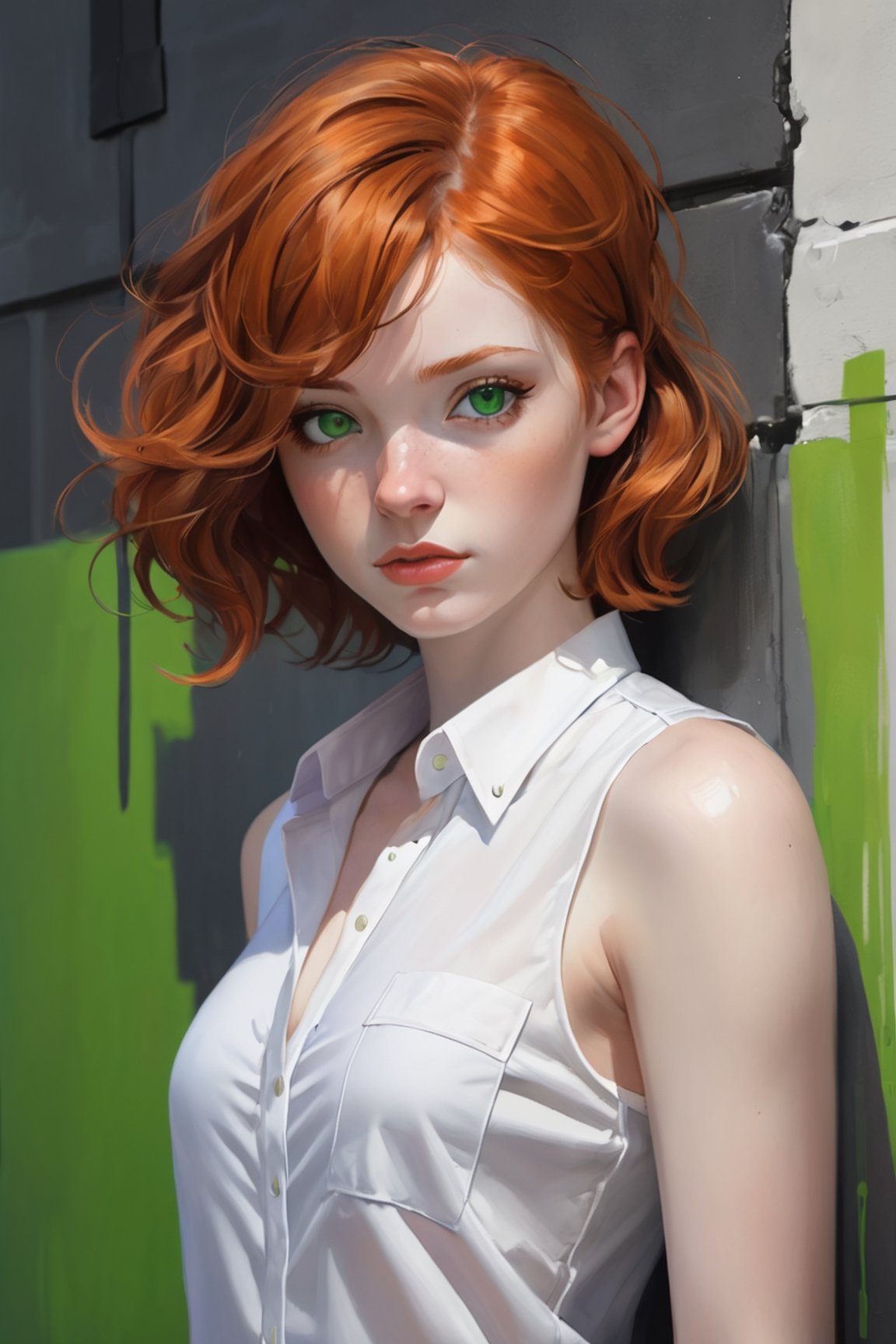 1girl, 22yo, short ginger wavy hair, detailed face, green eyes, parted lips, pores, in white open shirt, sleeveless, posing for a picture, full body shot from below, photorealistic, trending on cg society, graffiti, full-cosplay, stained, Vampirella, in the style of charlie bowater, aggressive digital illustration, john larriva, matti suuronen, dark white and gray, gloomy, pseudo - realistic