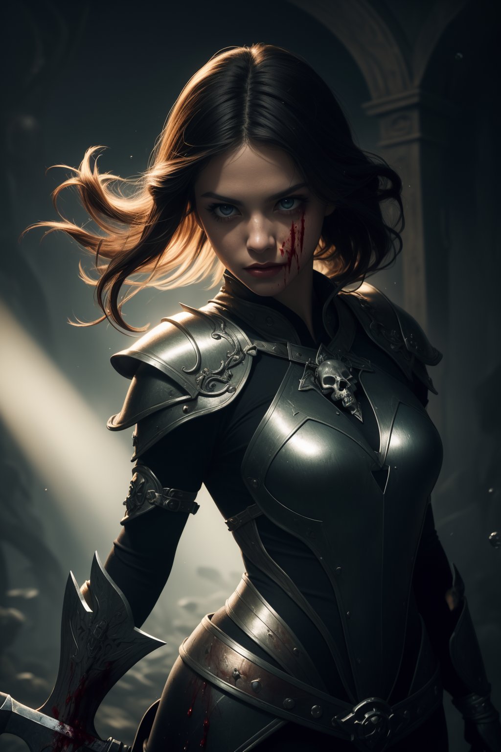 (photorealistic:1.3, realistic, ultrarealistic, hyperrealistic), masterpiece, absurdres, highres, high quality, ultra detailed, beautiful and aesthetic, horror (theme), 1girl, dynamic pose , shiny skin, (holding weapon:1.4), enchanted armor, ancient, intricate details, expressive drips, (energetic movement:1.2), (sense of depth:1.6), glowing aura, in the depths of a gloomy dungeon, illuminated by divine light, (perfect lighting:1.3),(mysterious scenery), magical lighting, skull, blood, blood splatter,