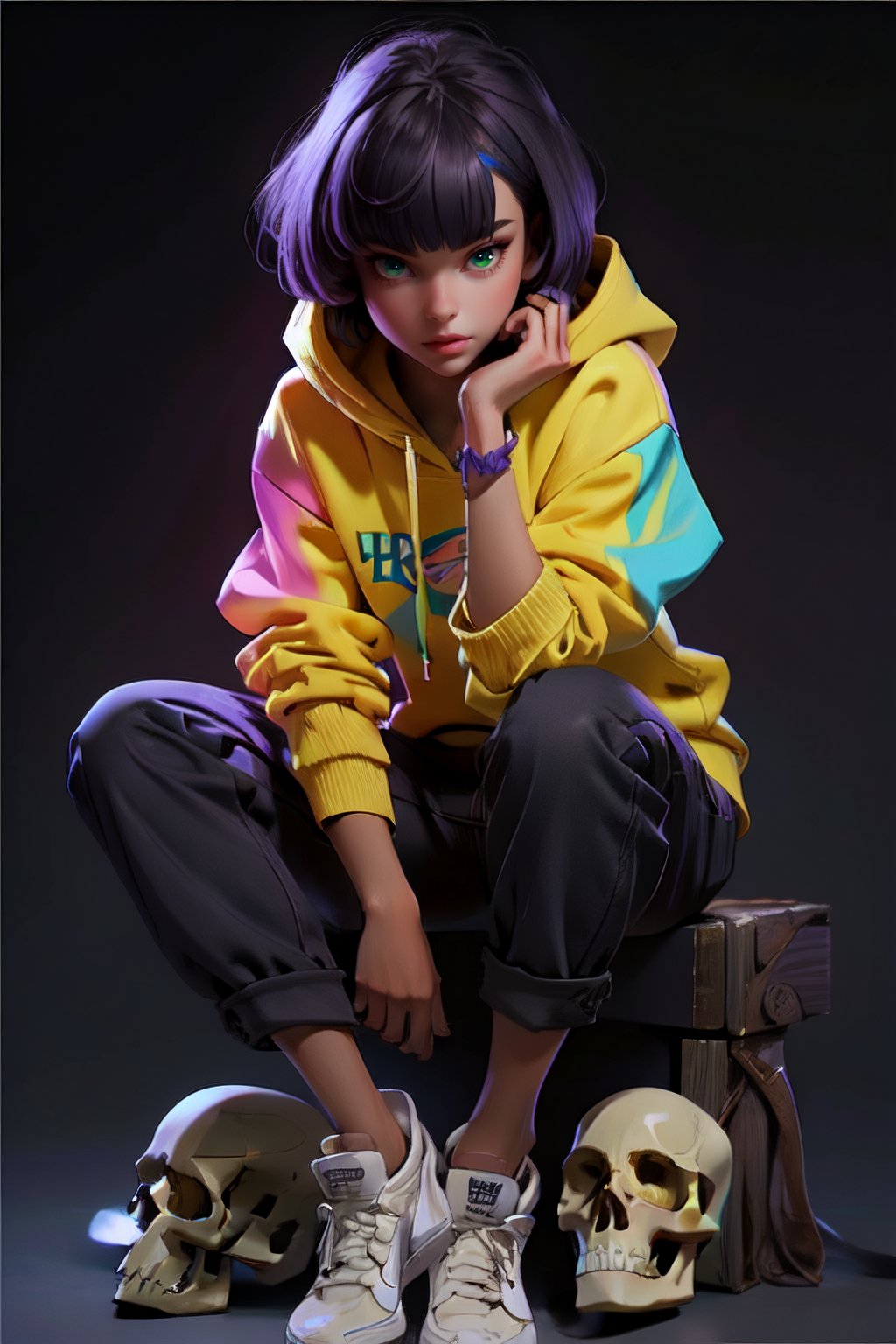 (masterpiece), (full body portrait), oil painting style, girl sitting down, hyper-detailed face, a girl with long rainbow hair with bangs, very pale skin, wearing a purple hoodie, dark background with skulls, highly detailed, realistic,Fechin