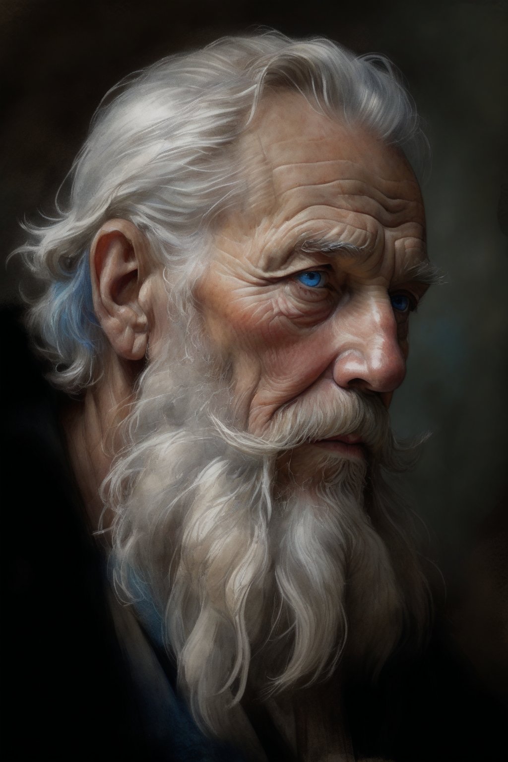 Color pencil drawing, sketch.A wispy-bearded elderly man with striking blue eyes and snow-white locks is framed in a profile shot from the side. His weathered face wears a hint of wisdom, illuminated by soft, natural light that accentuates his defined facial features. A short, well-groomed beard and mustache add character to this realistic portrait of an older gentleman.