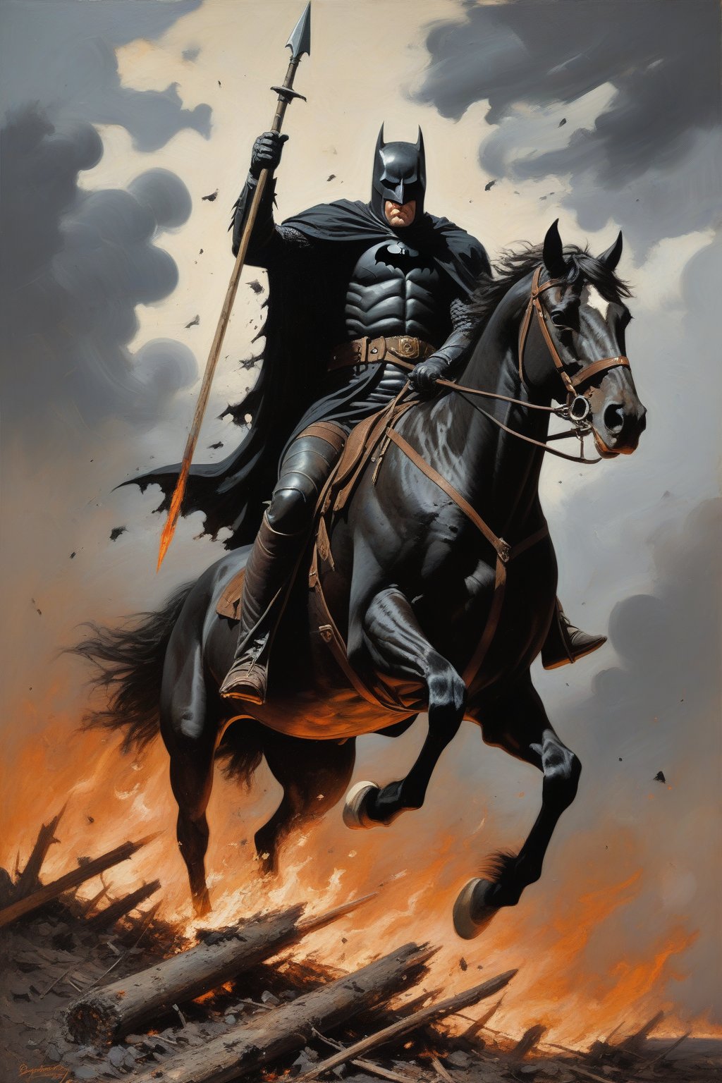 Comic style oil painting, art by Simon Bisney, Frank Franzetta, Portrait of a dark knight riding his horse jumping over the burning ash and debris, with his spear, Shield on the grou, Stormy sky, 
