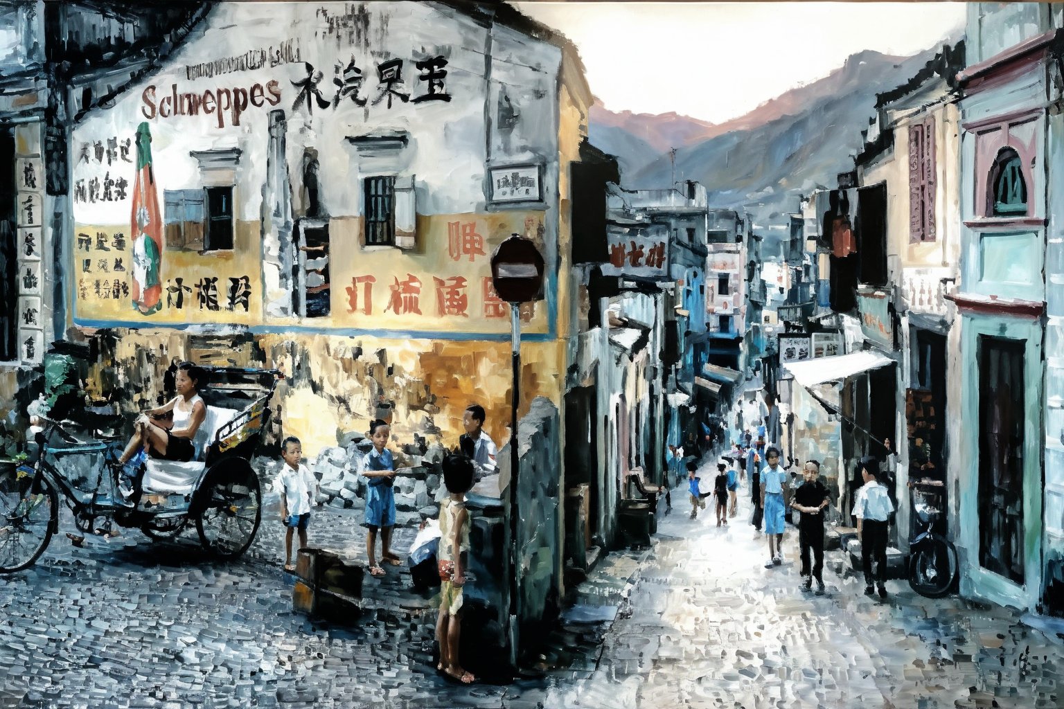 Oil painting of 60s' town view in Macao, outdoor, traditional Chinese buildings mixed with Portugal style, kids on rocky street, rickshaw, poster on wall, oil_painting